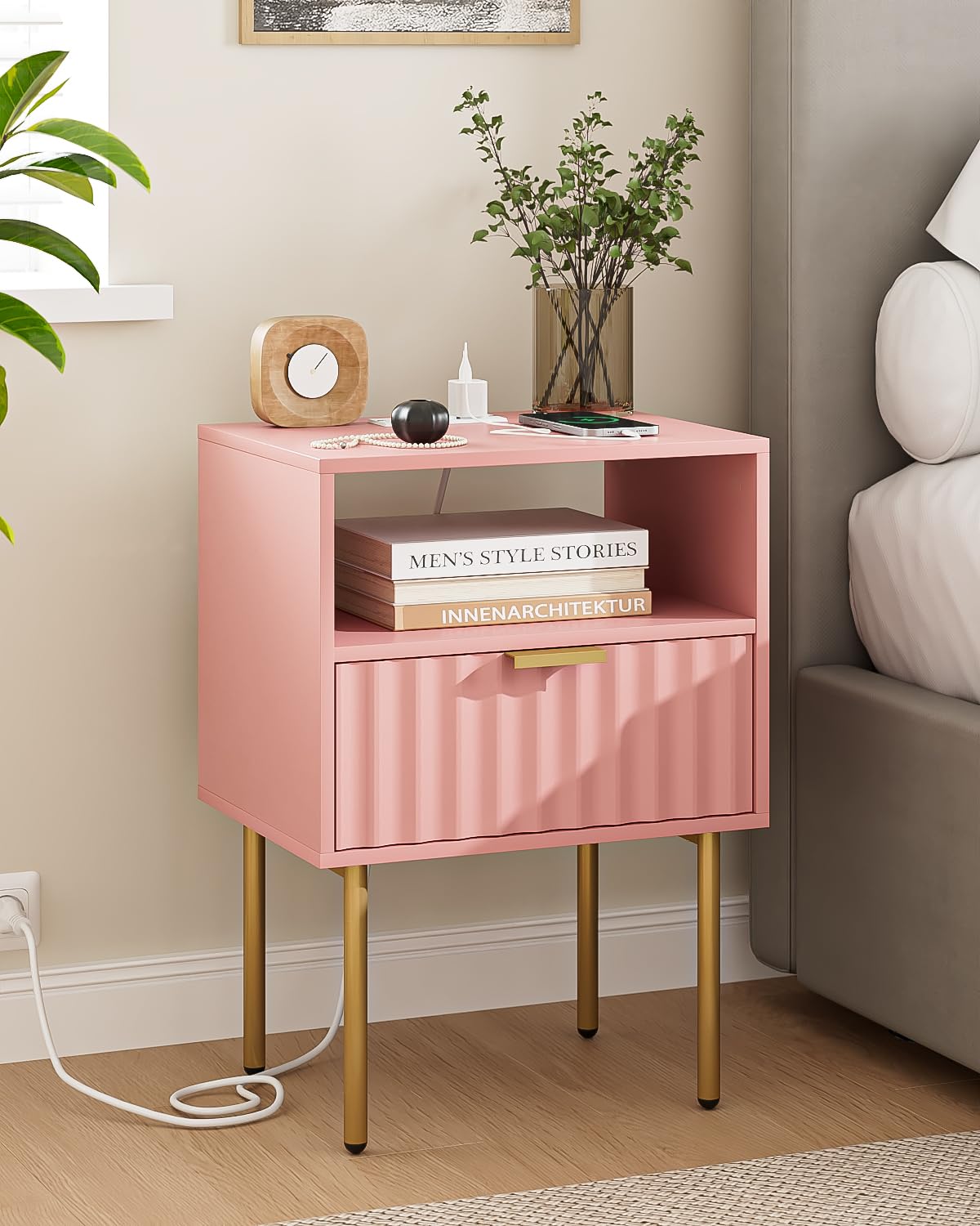 Night Stand with Charging Station, Fluted Bedside Table with Gold Frame