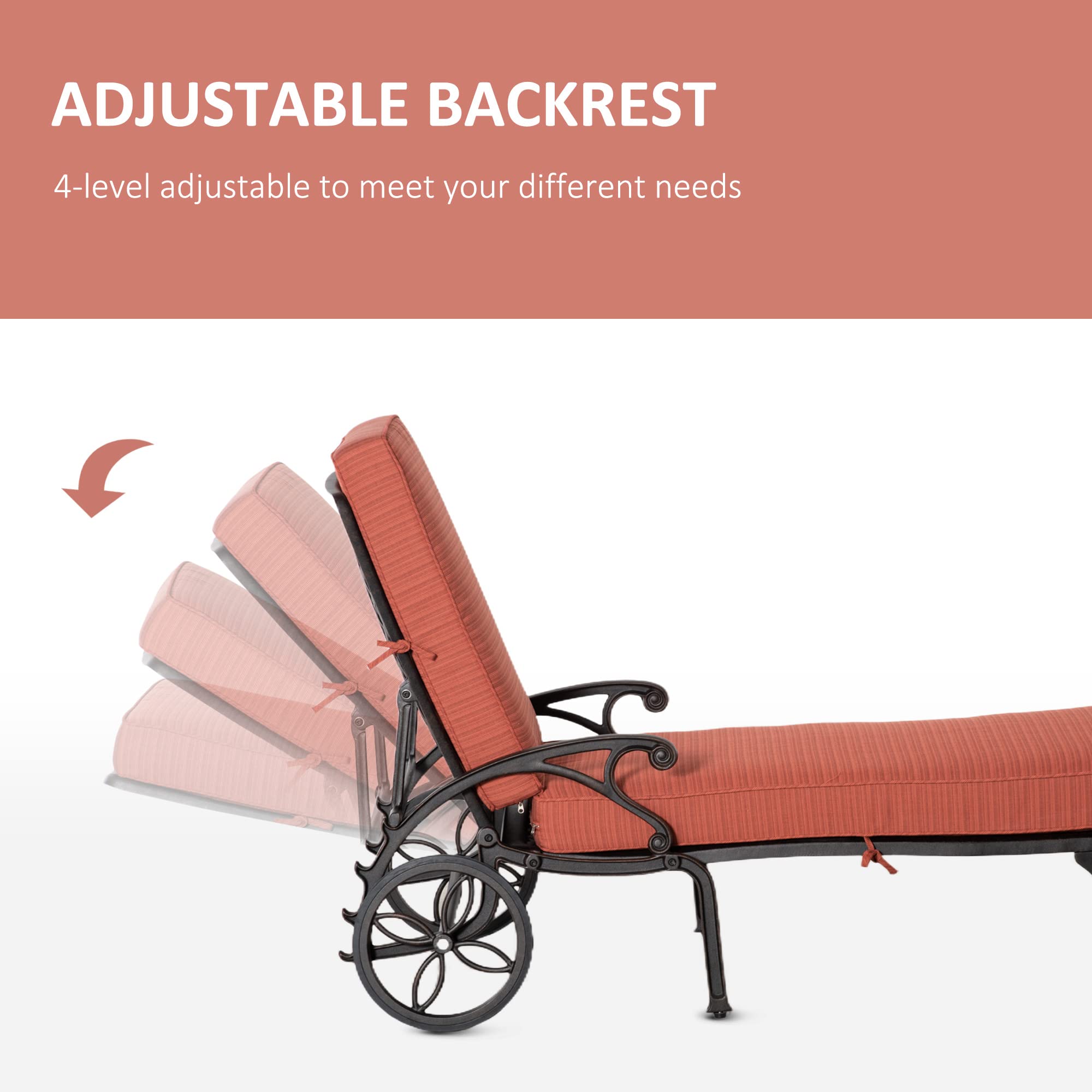 Aluminum Adjustable Chaise Lounge Chair, Folding 4-Position Patio Recliner, Wheels