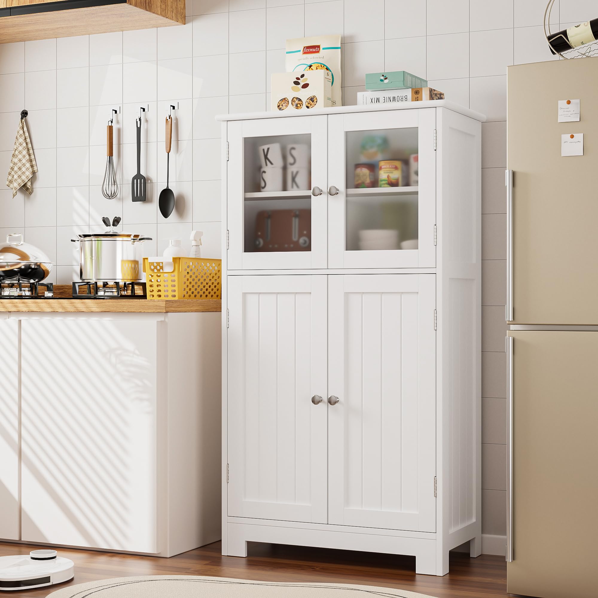 Bathroom Cabinet, Storage Cabinet with Adjustable Shelves & Glass Doors, Freestanding