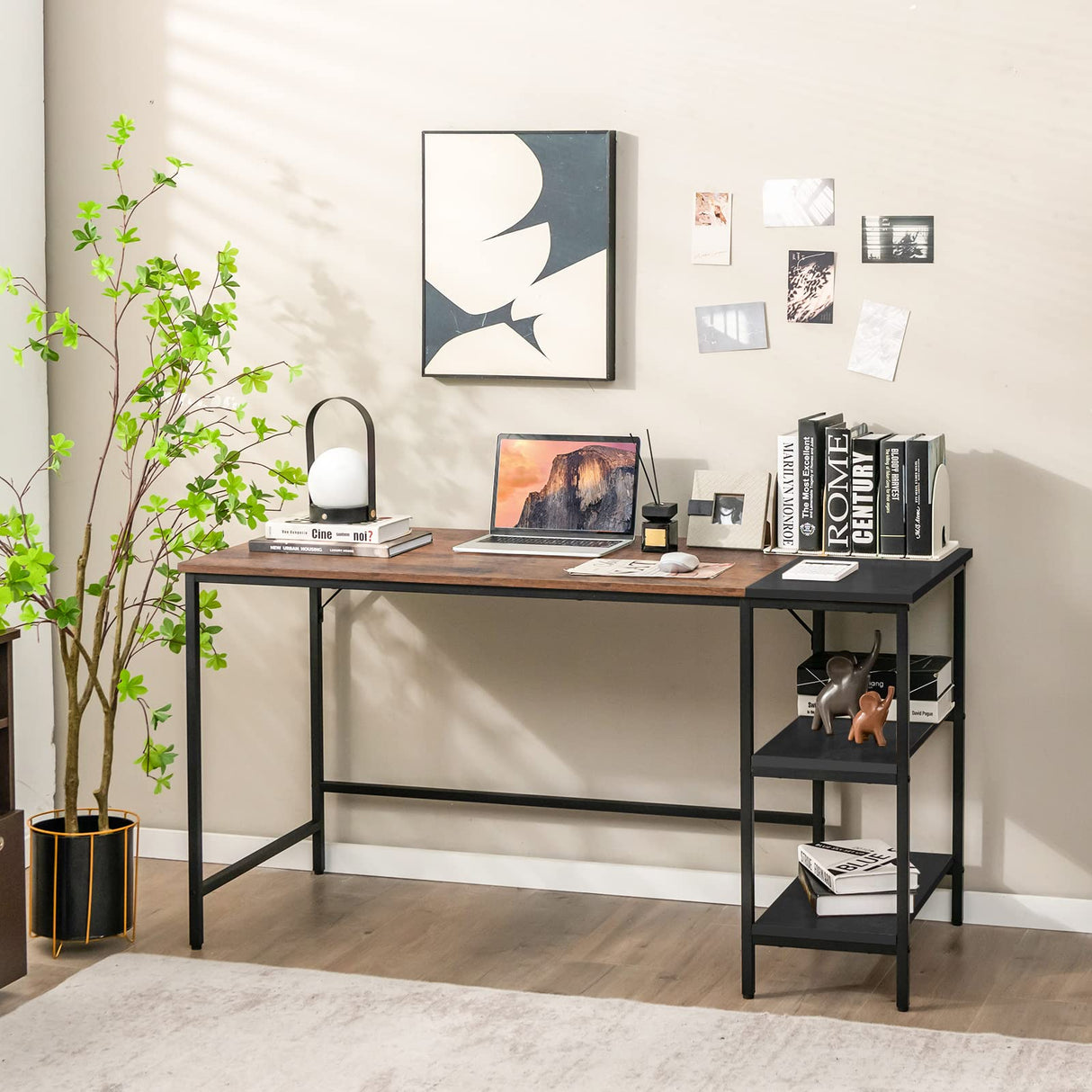 55” Computer Desk, Large Home Office Desk with 2-Tier Storage Shelves