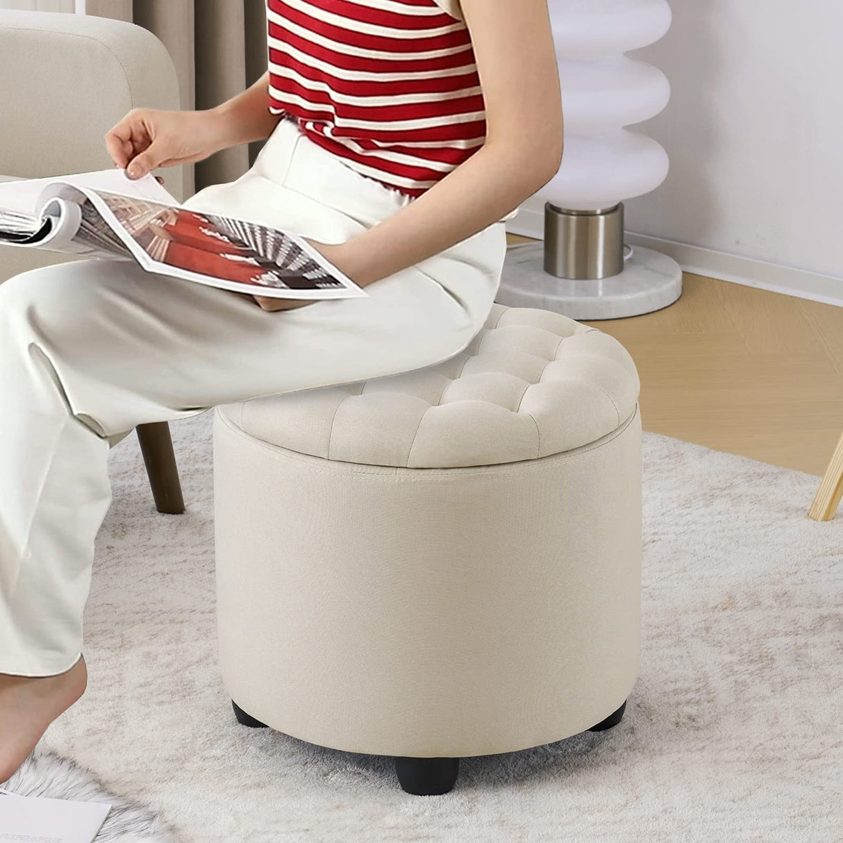 Modern Round Storage Ottoman,Button Tufted Ottoman Foot Stools Ottoman Footstool
