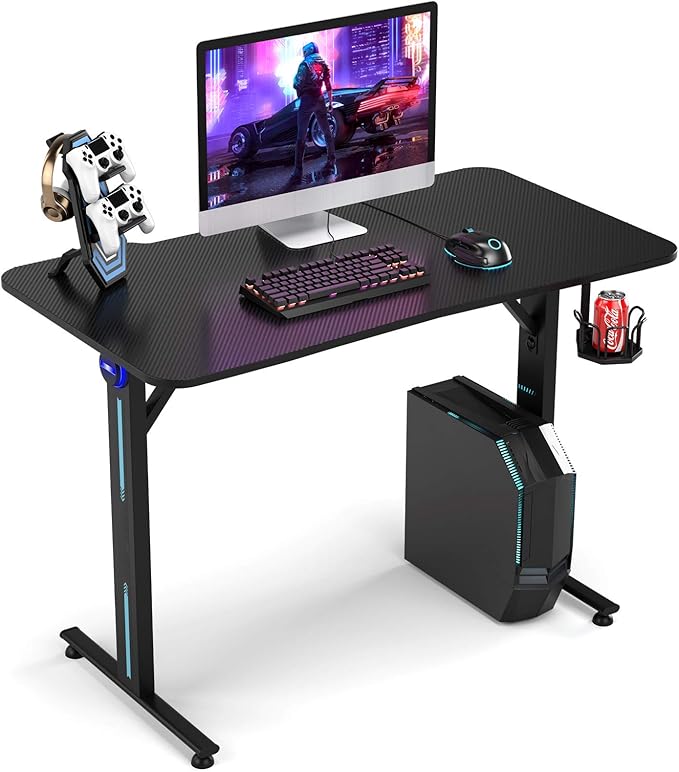 Gaming Desk, T-Shaped Computer Desk w/Game Controller Stand, Cup Holder and LED Light