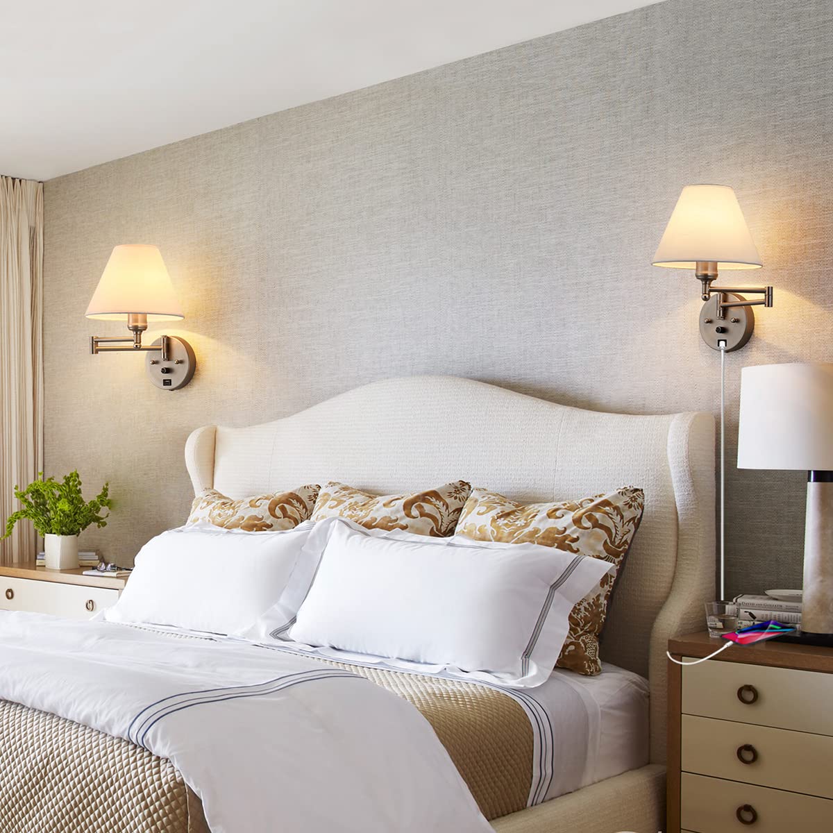 Swing Arm Wall Sconces, Plug-in Wall lamp,Bedroom Wall lamp , White Fabric Shade,,with dimmable Switch and USB Charging Port, Suitable for Bedside, Living Room, Reading (Nickel)