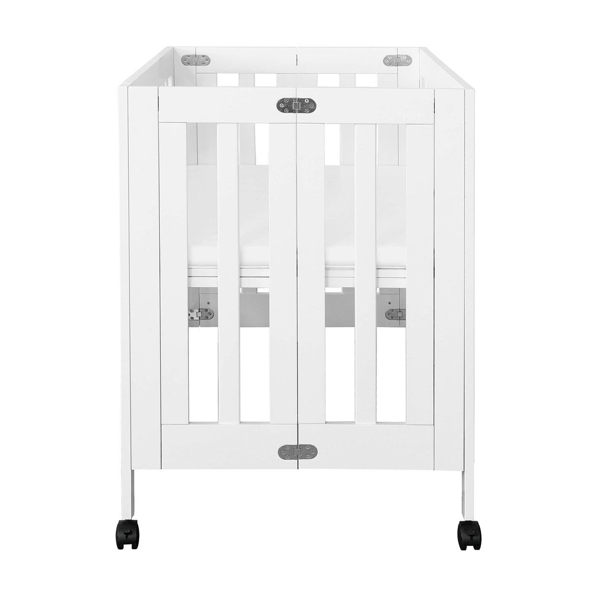Origami Mini Portable Crib Folding with Wheels in White, 2 Adjustable Mattress Positions