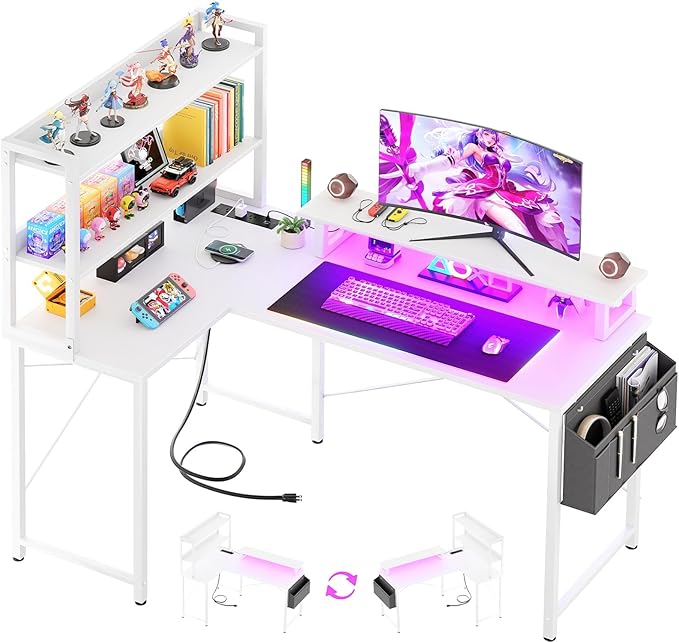 L Shaped Computer Desk with Bookshelf, 47 Inch Reversible Corner Gaming Desk with Charging Station & Led Light, Home Office Desk with Hutch Monitor Stand Storage Shelves Bag, White