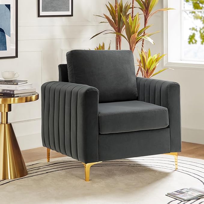 Velvet Accent Club Chair, Modern Velvet Armchair Upholstered Accent Club Chair Sofa Chair with Gold Metal Legs Mid-Century Barrel Leisure Chair Comfy Reading Chair, Fuchsia