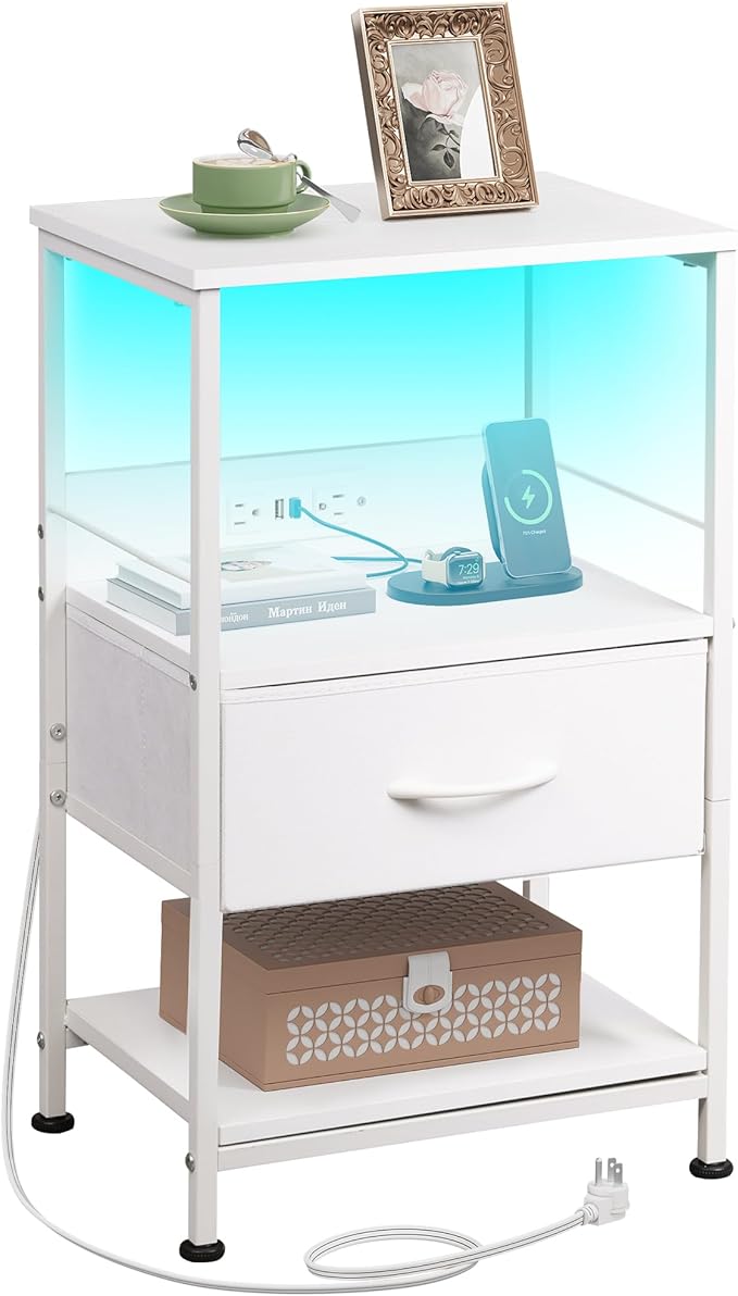 Night Stand with Charging Station, LED Nightstand