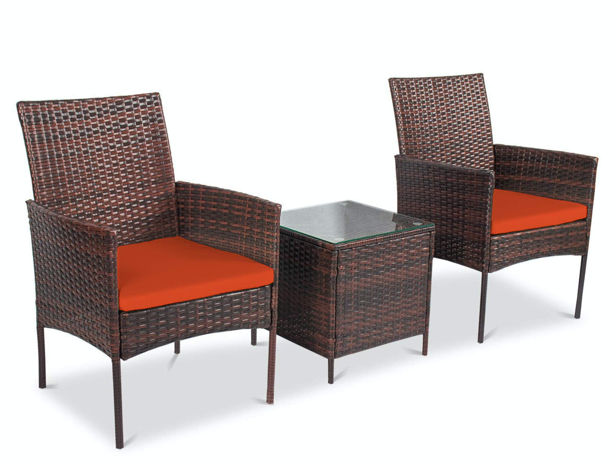 3-Piece Outdoor Wicker Patio Bistro Set with Cushions and Glass Coffee Table