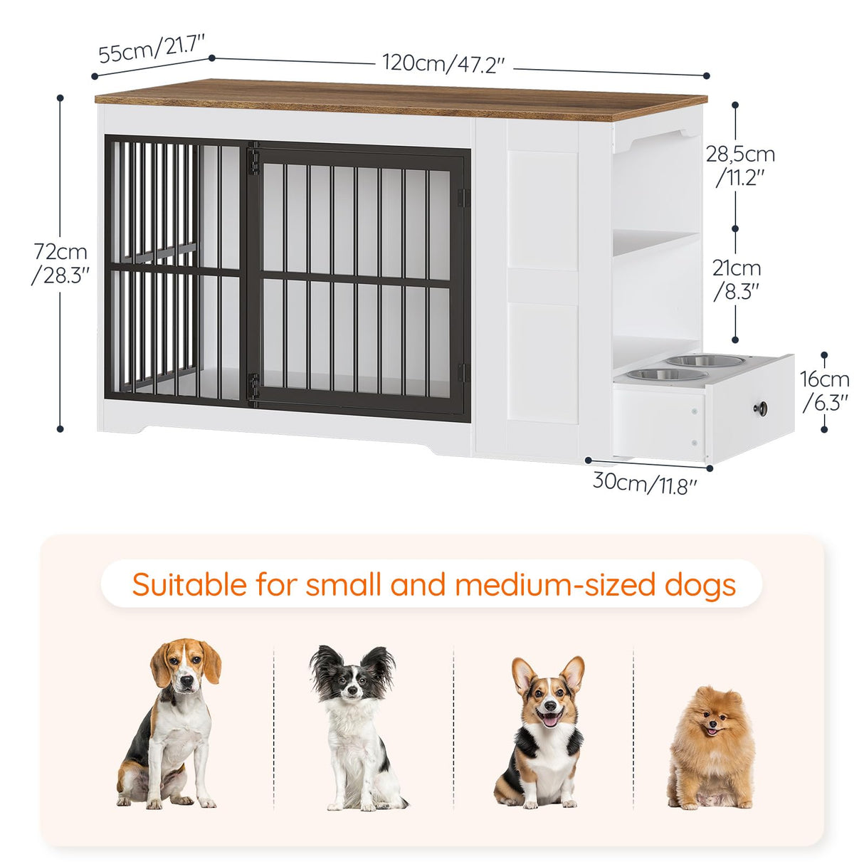 47.2" Dog Crate Furniture with Storage Shelf and Feeding Bowls