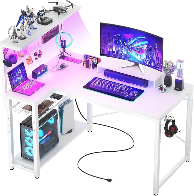 Small Gaming Desk with Power Outlets Pegboard LED Light, 43 Inch L Shaped Computer
