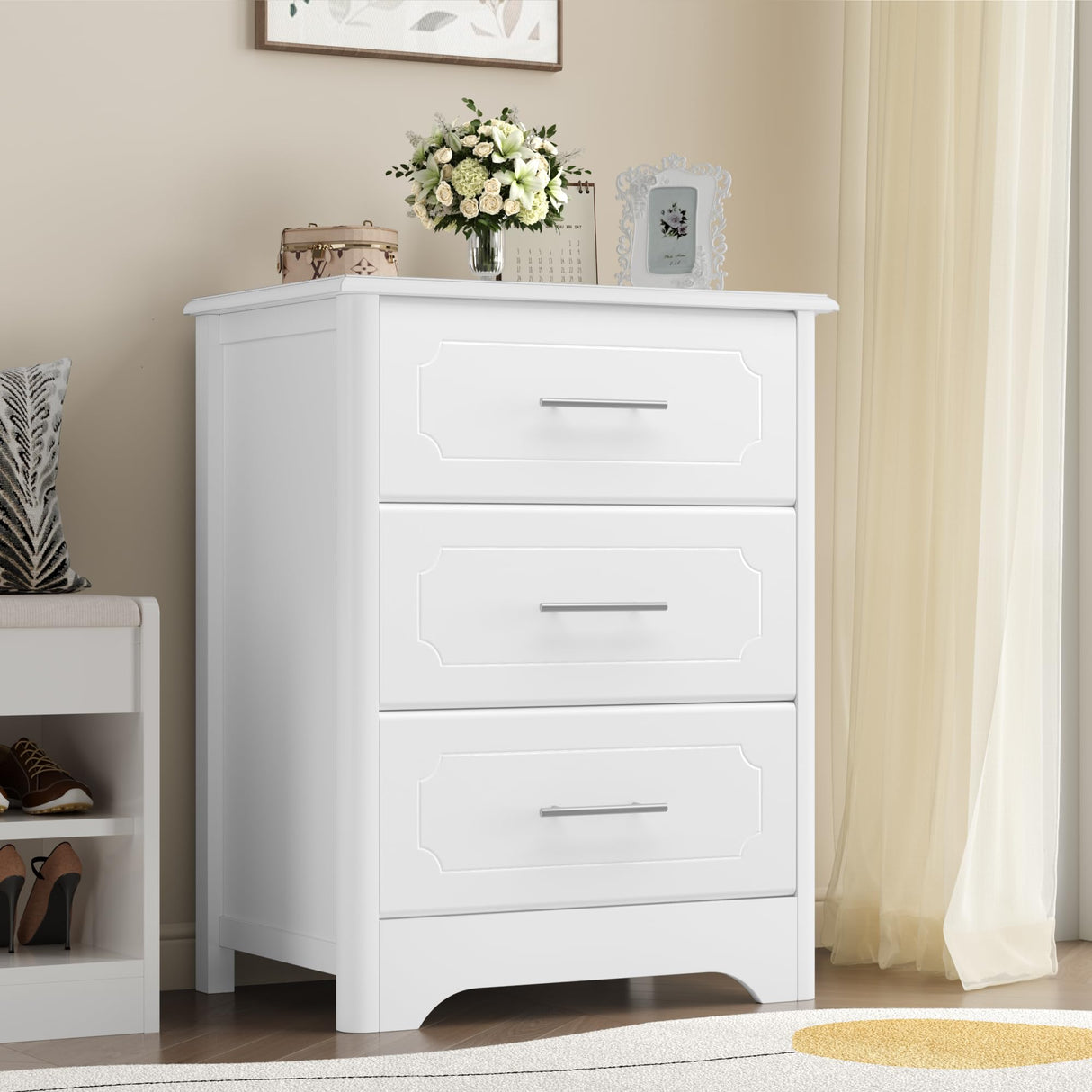 Wide Modern White Dresser, Tall Nightstand