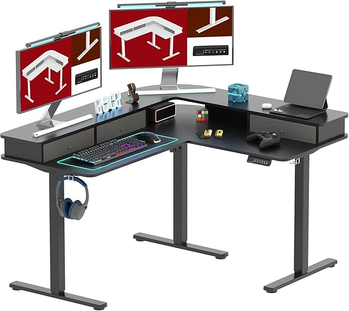 63" L Shaped Standing Desk with 3 Drawers, Height Adjustable Stand up Desk