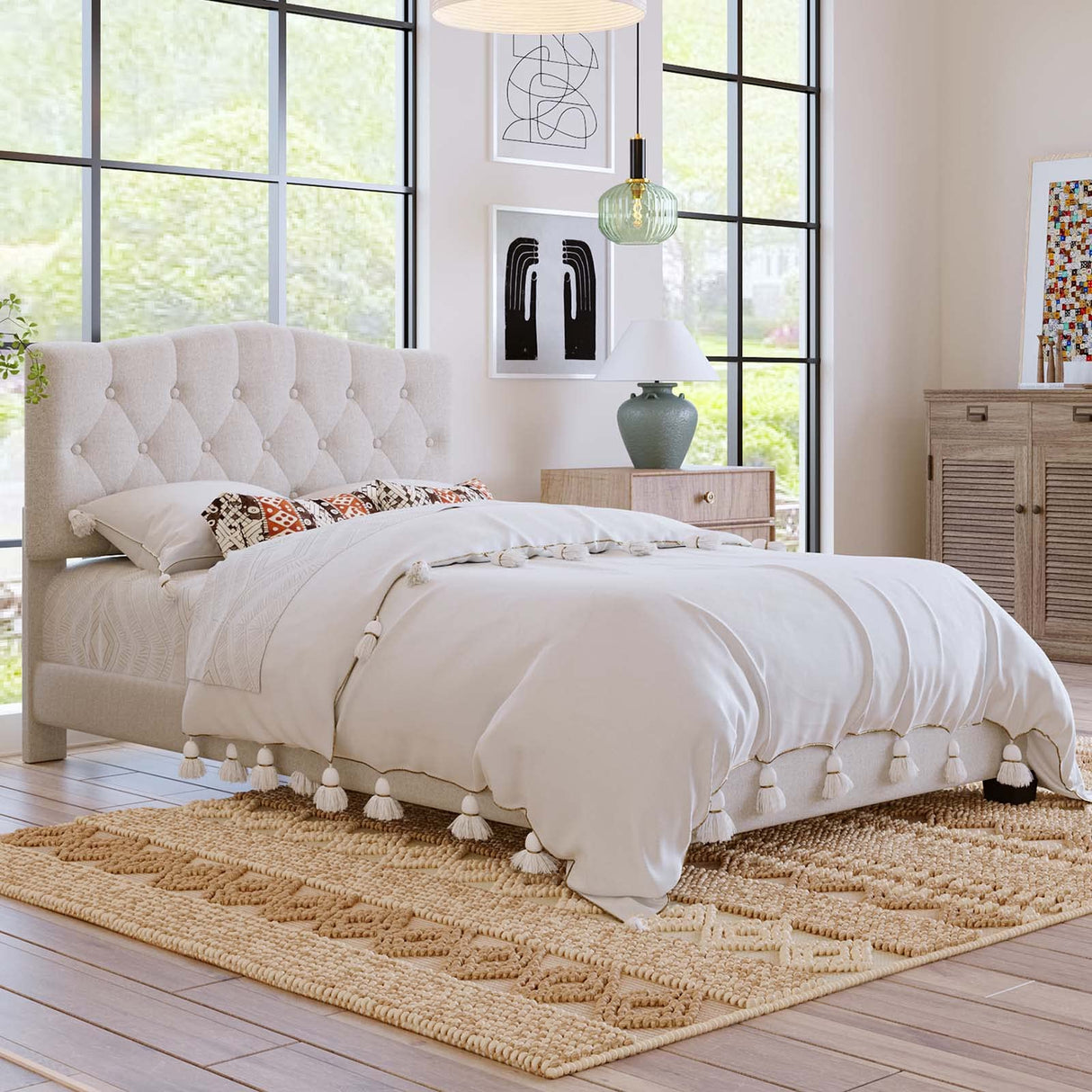 Full Size Upholstered Platform Bed Frame with Saddle Curved Headboard