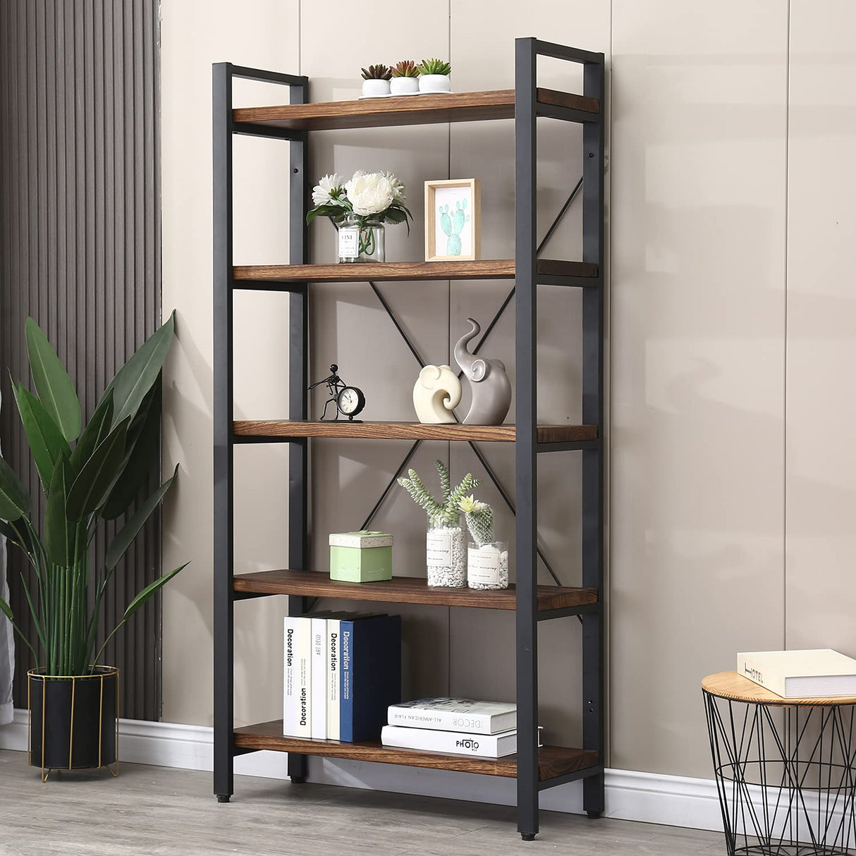 5 Tier Bookcase, Solid Wood Bookshelf Rustic Vintage Industrial Etagere Bookcase