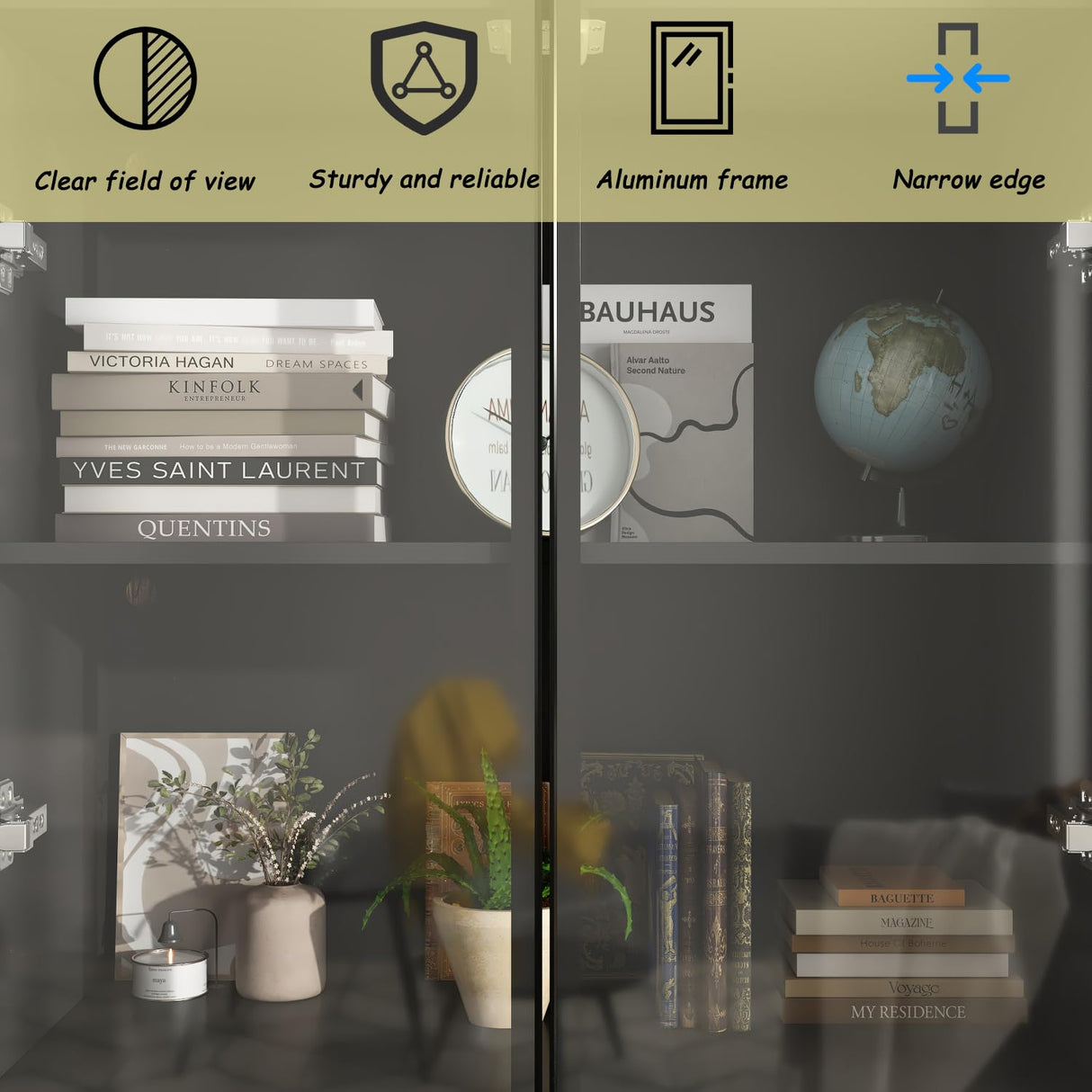 63”H Tall Glass Bookcase Display Cabinet with Lights, 4 Tier Shelves & 2 Glass Doors, Modern Bookshelf Organizer Glass Cabinet for Home Office, Living Room, Kitchen, Garage (Black)