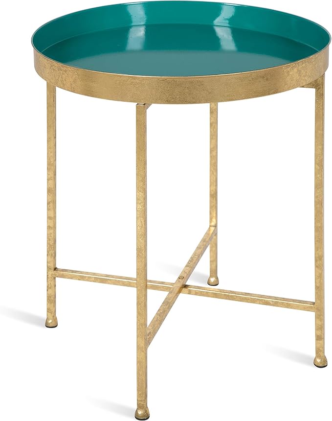 Celia Metal Foldable Round Accent Table, 18.25" x 18.25" x 22", Glass Surface and Gold Frame