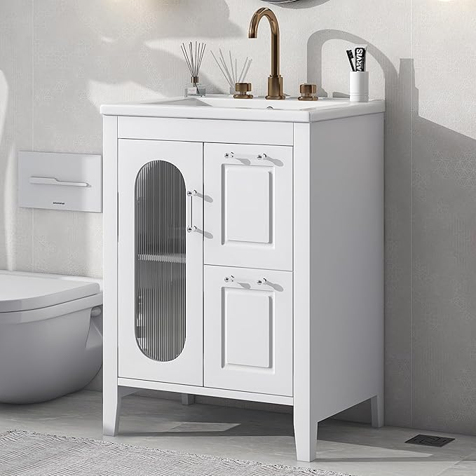 24" Bathroom Vanity with Sink, Free Standing Single Basin Vanity Set with Two Drawers