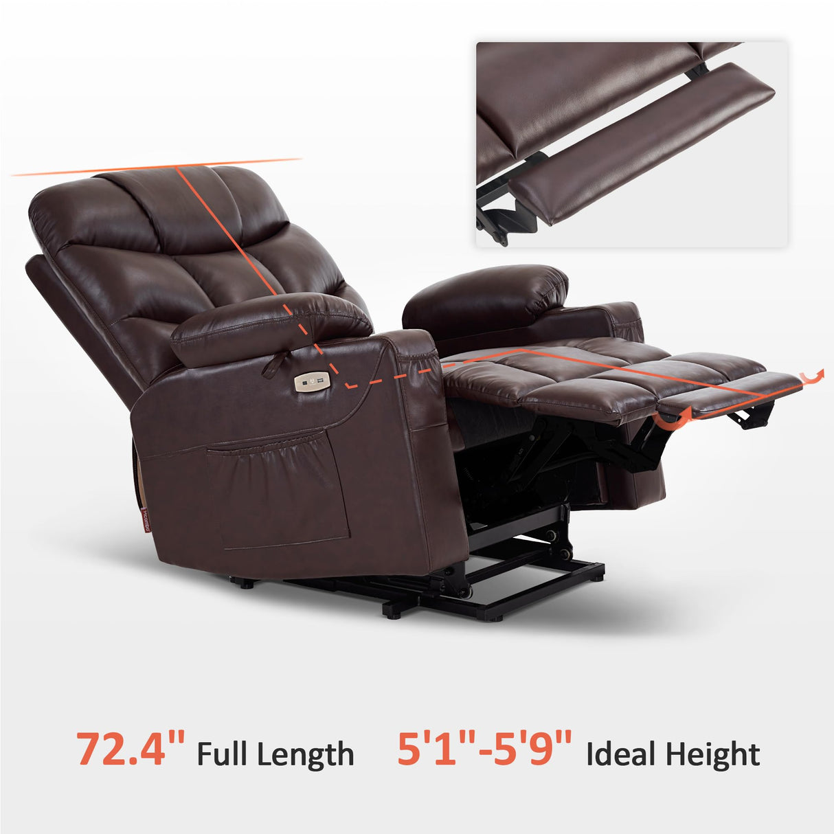 MCombo Power Lift Recliner Chair, 2 Cup Holders, USB Ports for Elderly People, Faux Leather 7287 (Dark Brown, Medium-Regular)