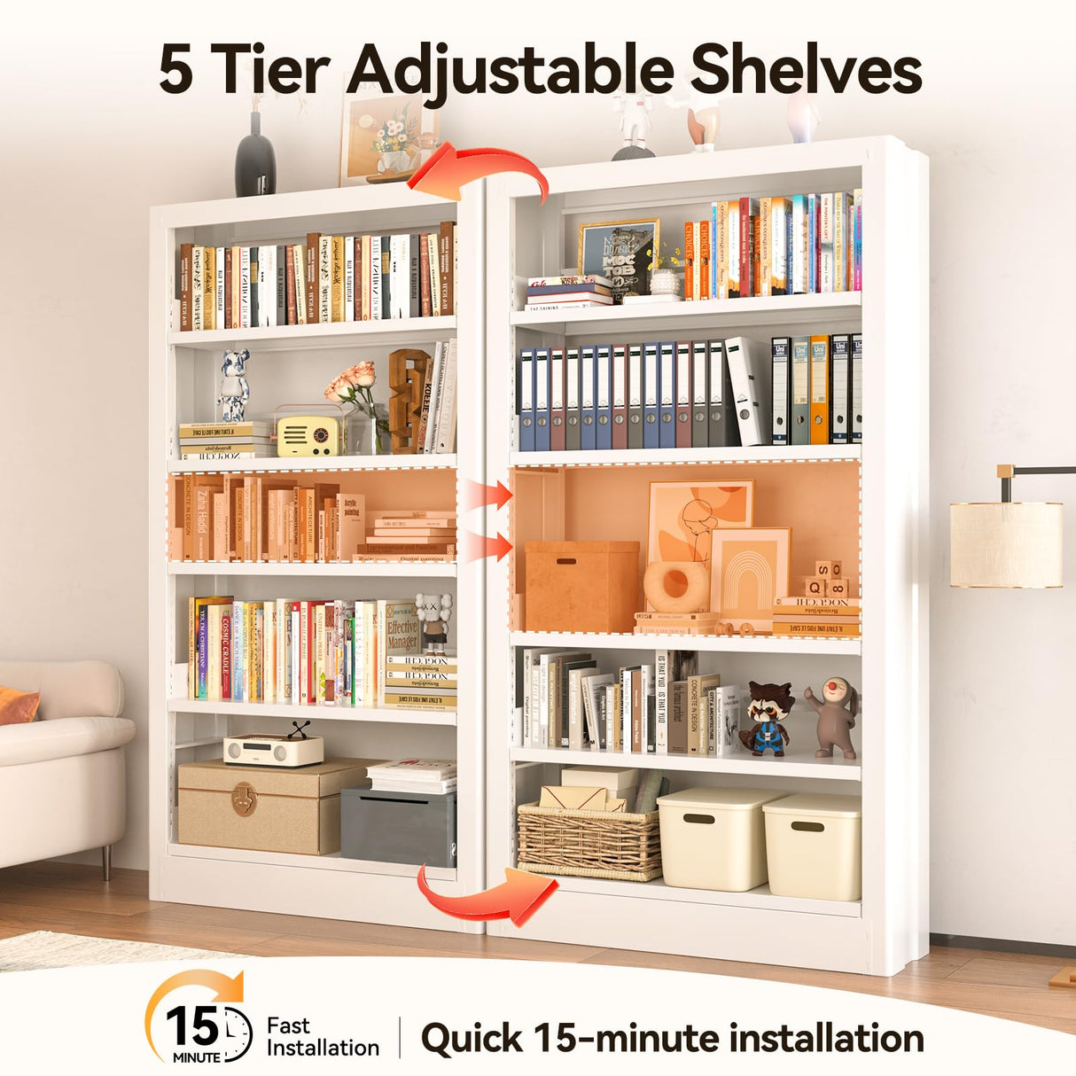 IYANEN 5 Tier Metal White Bookshelf, Heavy Duty Metal Bookcase Including Book Stopper, 71" Tall Bookcase with Adjustable Storage Shelves, Modern Bookshelf for Library, Office, School, Living Room