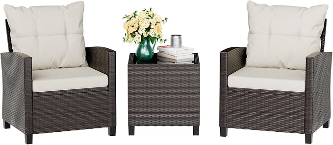 3 Piece Patio Furniture Set Small Outdoor Wicker Rattan Front Porch Bistro Set Cushioned