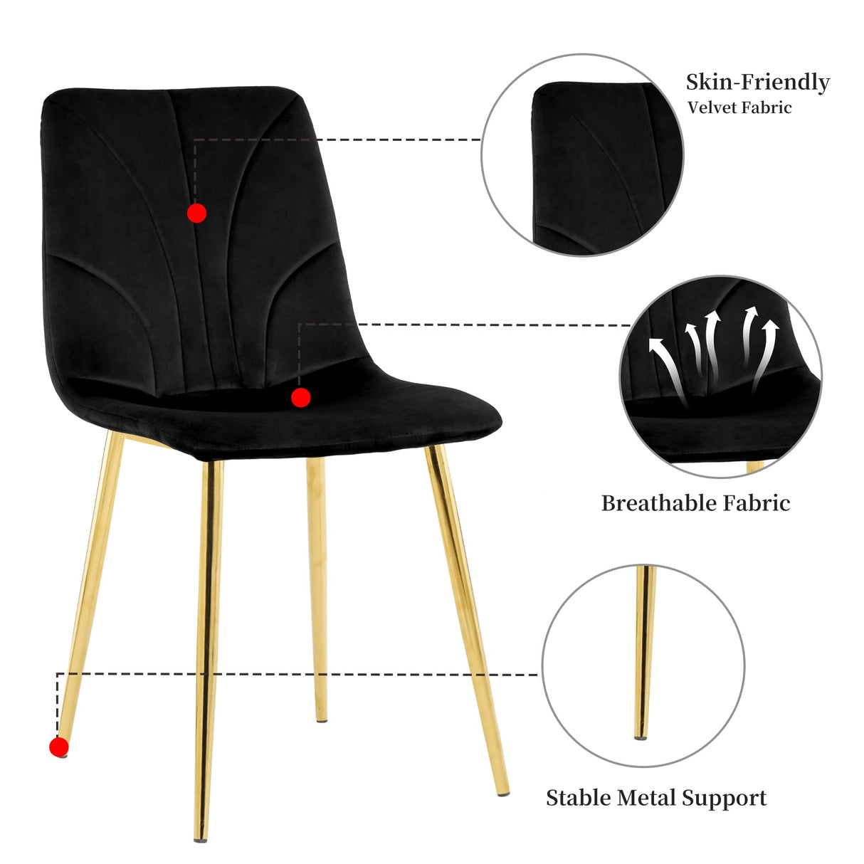 Mid Century Modern Dining Chairs Set of 4 - Black Velvet Upholstered with Metal Legs