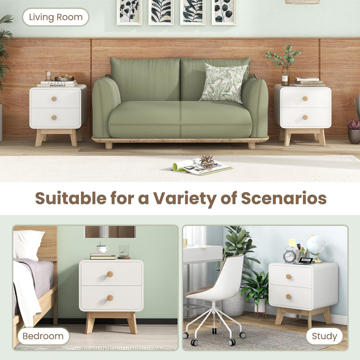 Nightstand with 2 Drawers, Modern Sofa Side Table with Solid Rubber Wood Legs