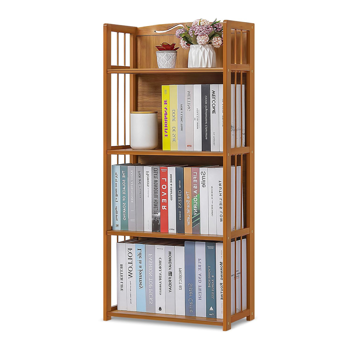 4 Shelf Bamboo Bookshelf Freestanding Display Shelf, Tall Bookcase Rack Organize for Home Office Library Small Narrow Space (Natural, 19.7" L x 9.8" W x 43.7" H)