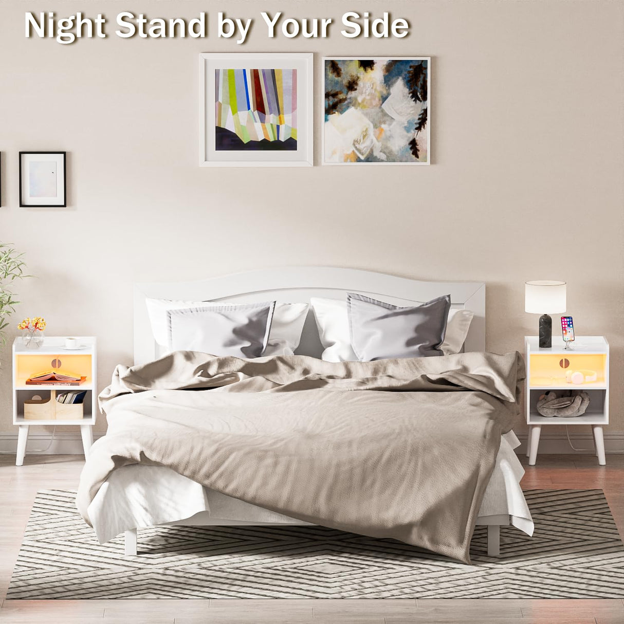 Night Stand with LED Lights, Bedside Table with Outlets and USB C Port