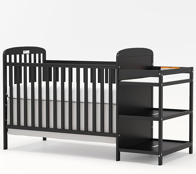 3-in-1 Baby Crib with Changing Table Combo, Wood Full Size Cribs Convertible Toddler Bed and Daybed with Storage Space for Nursery Furniture, 3 Mattress Height, Non-Toxic Finish (Storm Grey)
