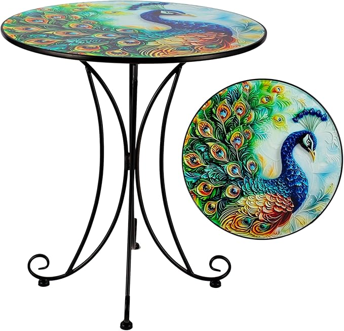 Outdoor Side Table,18 Inch Metal Accent Table, Peacock Round End Tables
