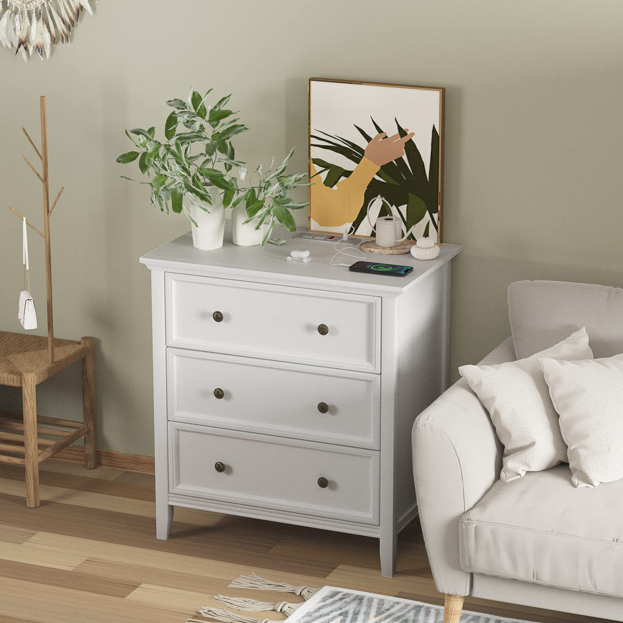 White Nightstand with 3 Drawers and Charging Station, Solid Wood Nightstand
