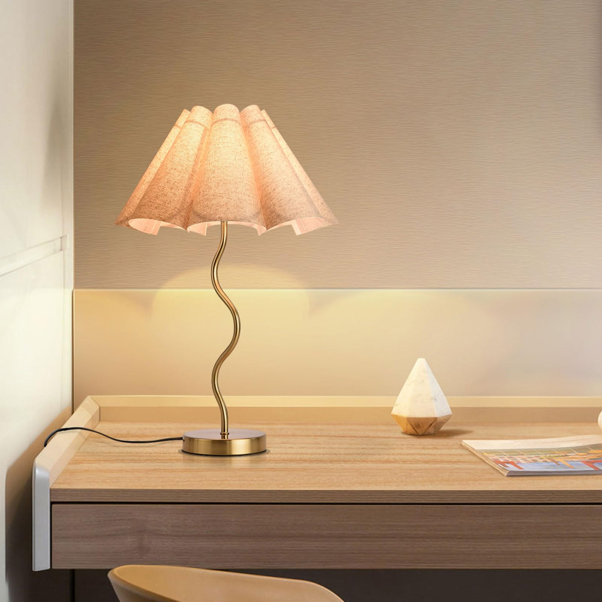 Small Table Lamp, Bedside Nightstand Lamp with Umbrella Form Fabric Lampshade