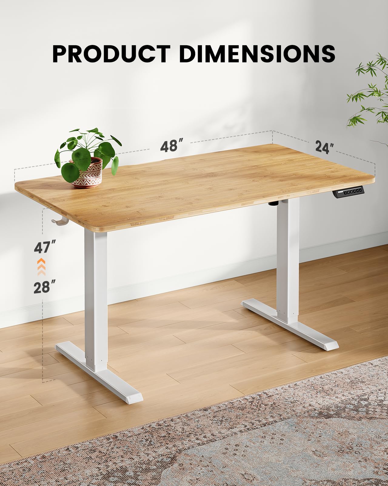 Whole Piece Standing Desk with Bamboo Desktop, Adjustable Stand Up Desk for Home Office, Electric Computer Desk Workstation with Cable Management Tray, 48x24 inch, Bamboo, EGESD64RB