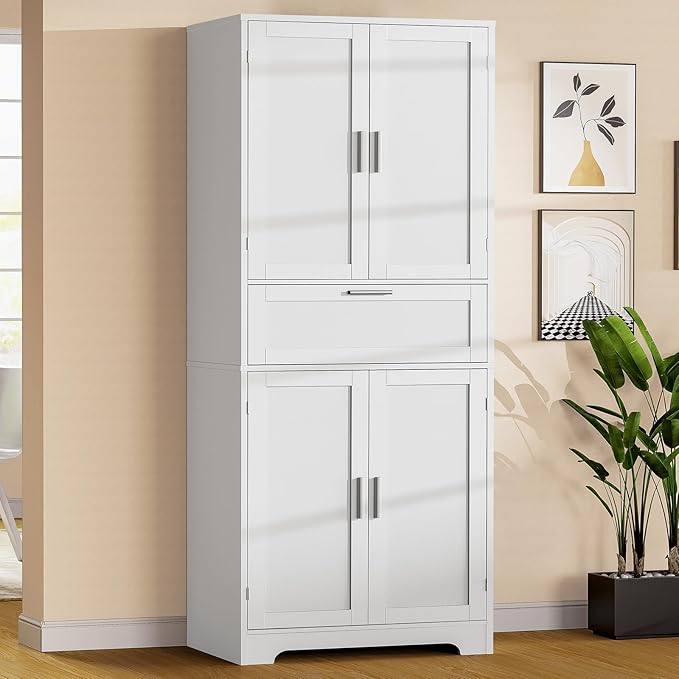 67" H Tall Rattan Storage Cabinet with 2 Adjustable Shelves & 1 Large Drawer, Pantry