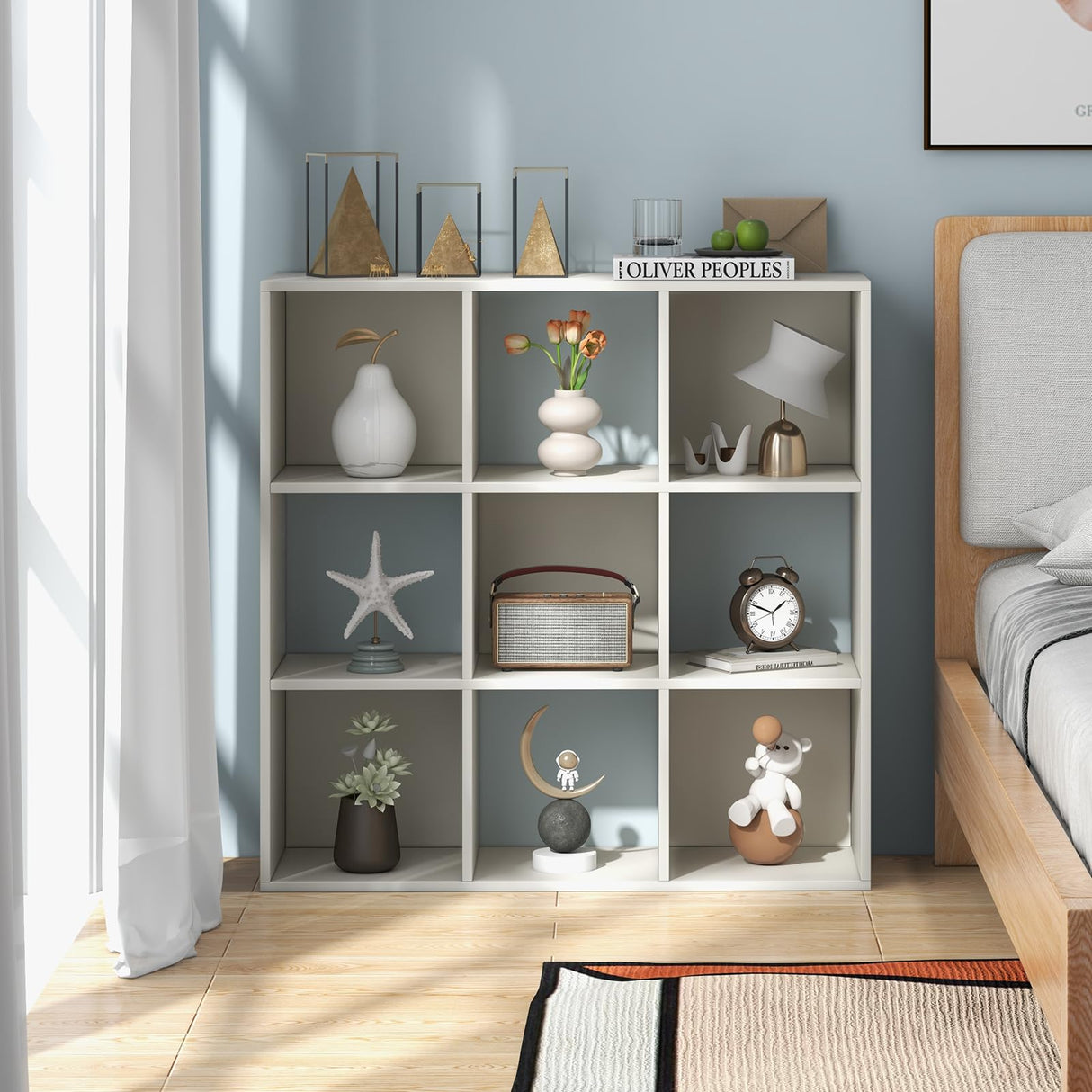 9-Cube Bookshelf, Wooden Open Bookcase, Dual Anti-Tipping Kits, Freestanding Modern Cube Storage Display Shelf for Living Room Kid's Room (White, 9-Cube)