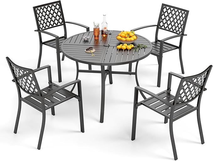 5 Piece Outdoor Dining Table Set for 4, 42” Round Steel Dining Table