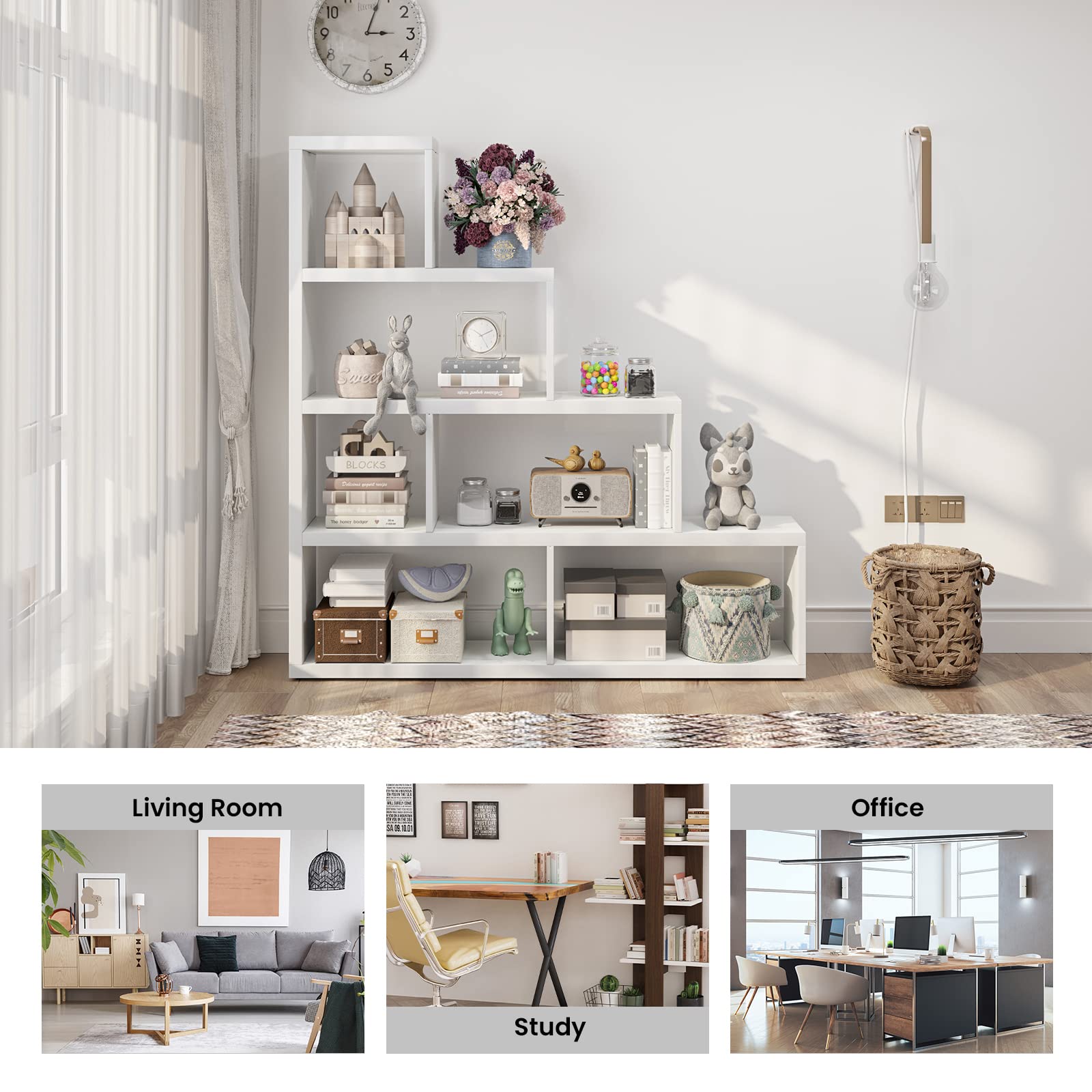 Cubes Bookshelf, Freestanding 6-Cube Stepped Etagere Bookcase, L Shaped Ladder Corner Open Bookshelf, Wood Storage Display Shelf for Living Room Home Office, 61 x 11.5 x 64 Inch (White)