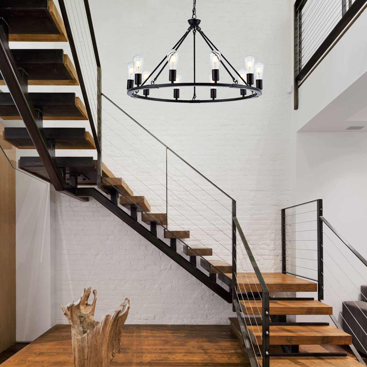 Black Farmhouse Wagon Wheel Chandelier 10-Light 31.5'' Vintage Industrial Round