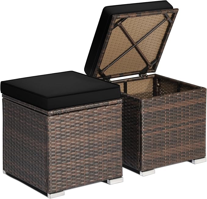 2-Pieces Patio Ottoman Set Outdoor Wicker Stool with Storage, Rattan Footrest Ottoman