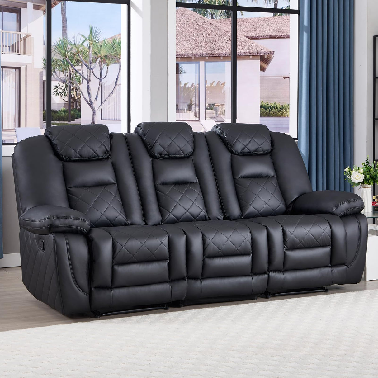 Leather Manual Reclining Sofa, 3 Seat Recliner Sofa Chair with Overstuffed Armrest and