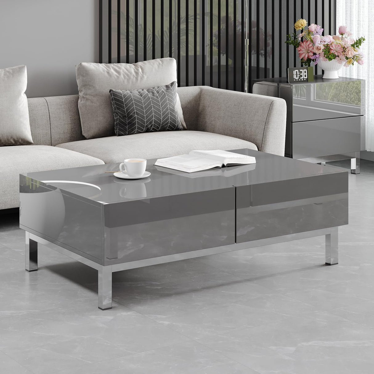 High Gloss Electroplated Coffee Table, 40" Wide Modern Minimalist Center Table