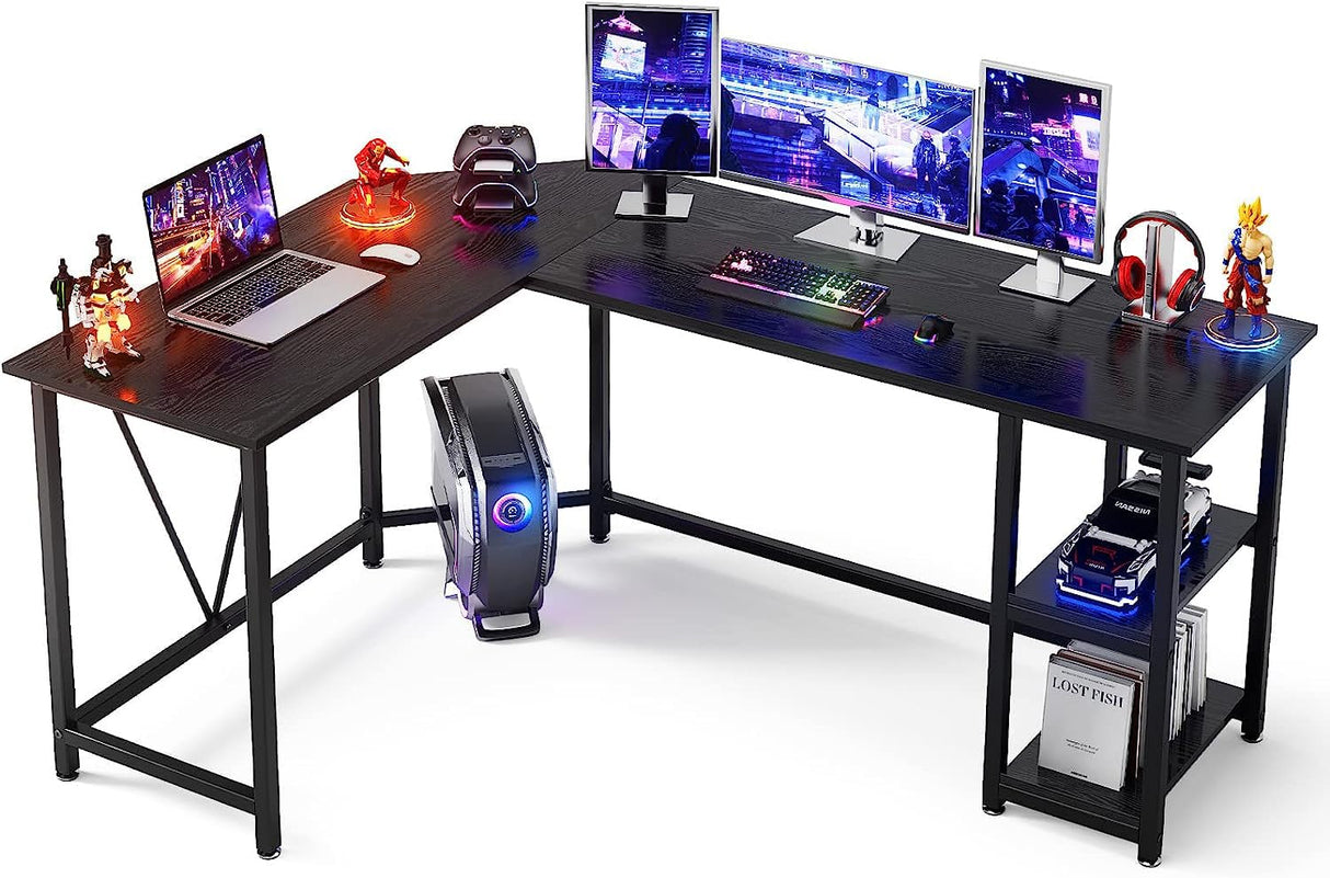 L Shaped Gaming Desk with Storage Shelves, 66 inch Corner Computer Home Office Writing Desk,Modern Large PC Workstation Space Saving, Easy Assembly,Black