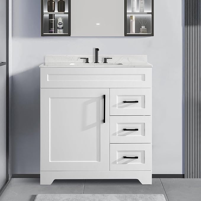 36" Bathroom Vanity with Sink,Engineered Stone Countertop&Undermount Center Rectangular Sink