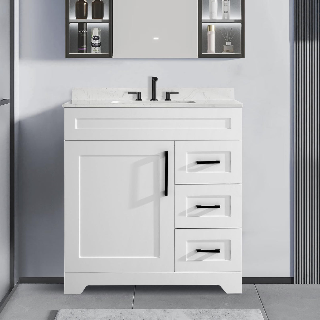 30" Bathroom Vanity with Sink, Engineered Stone Countertop&Undermount Center Rectangular Sink
