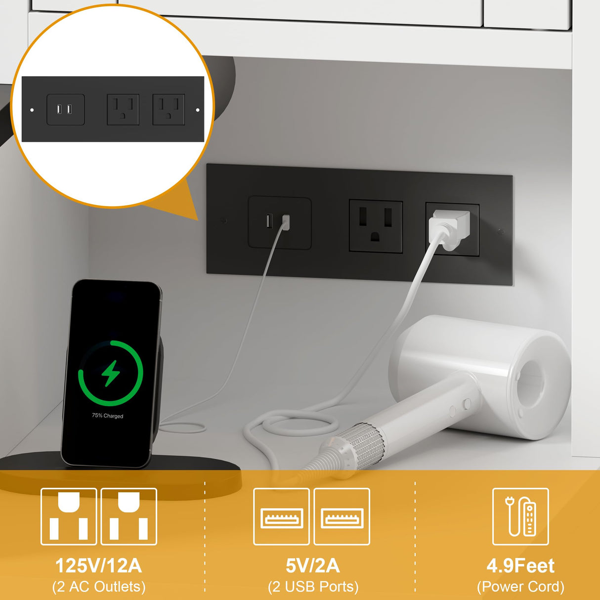 Makeup Vanity Set, Vanity Desk with Lighted Mirror& Charging Station, Makeup Vanity Desk with 5 Drawers& 3-Tier Cabinet, Dressing Table with Upholstered Stool, Wooden Vanity Table for Bedroom, White