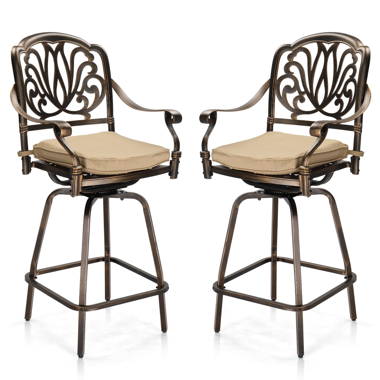 Outdoor Swivel Bar Stools Set of 2, Cast Aluminum Patio Bar Height Chairs