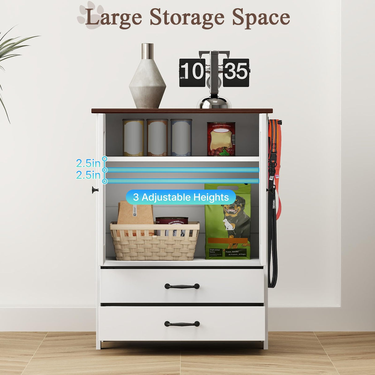 Elevated Dog Feeding Station with Storage Cabinet & Leash Hooks