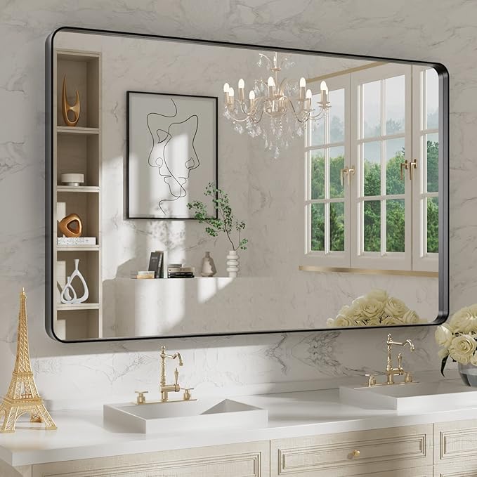 Bathroom Mirror , Rounded Rectangle White Metal Frame Mirror