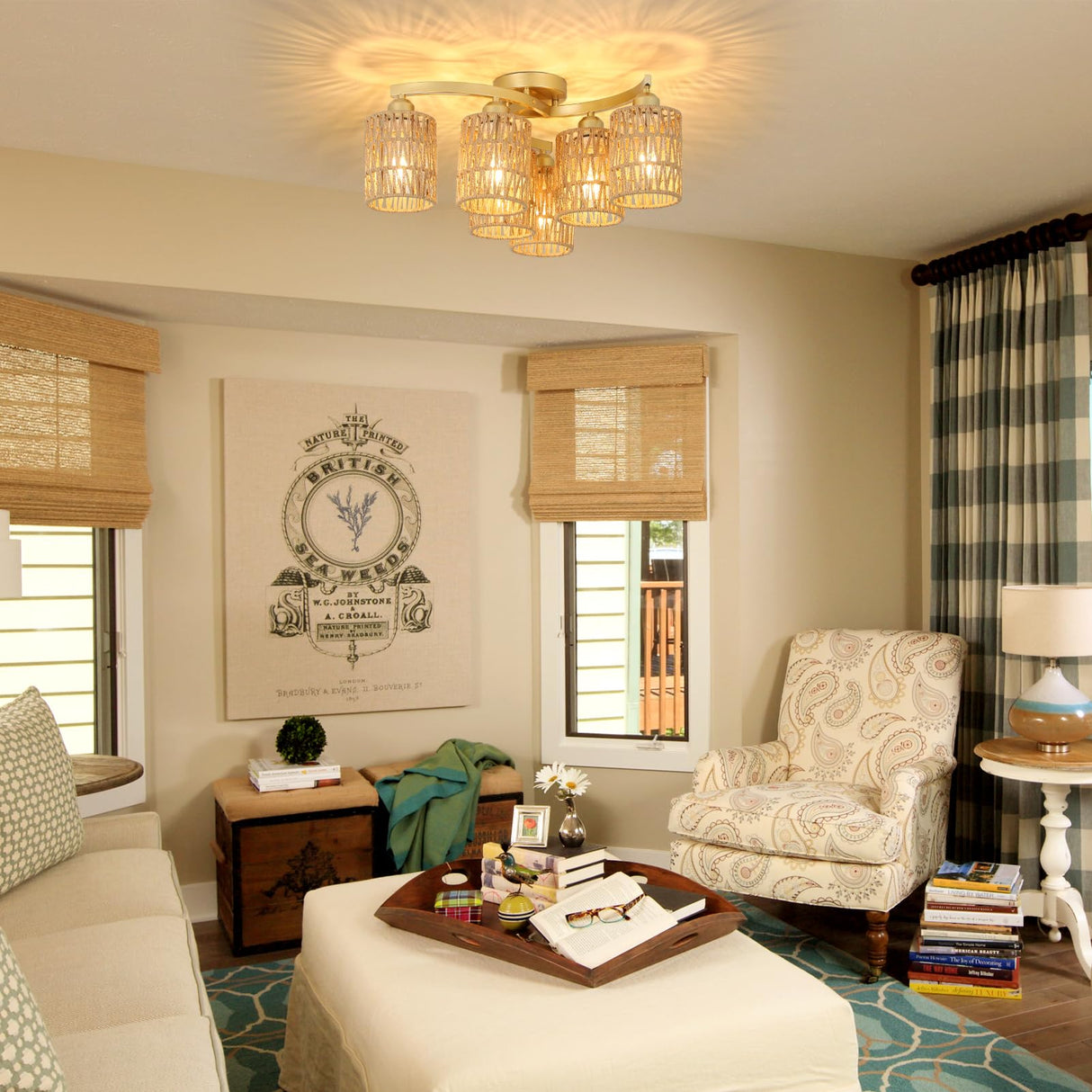 Gold Ceiling Light Fixture, Hand-Woven Rattan Flush Mount Ceiling Light, Bedroom