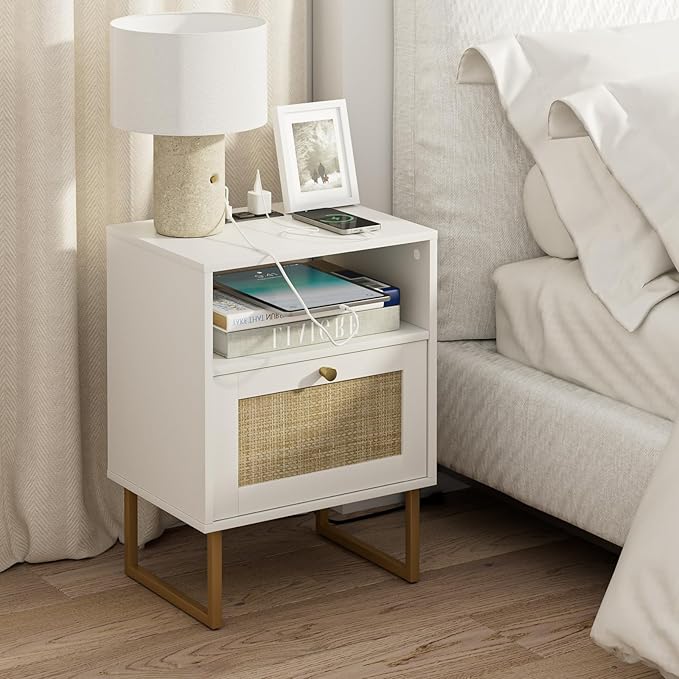 Rattan Nightstand,Modern Boho Farmhouse Wood Bedside Table